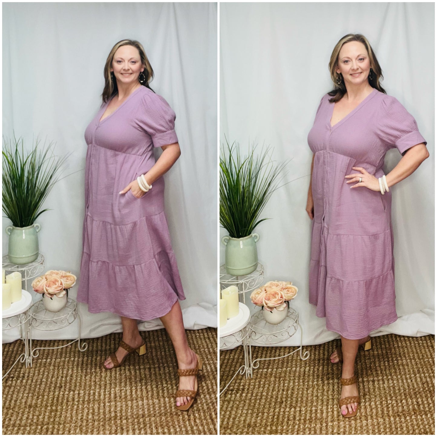 Garden of Eden Lavender Flare Midi Button Down Dress