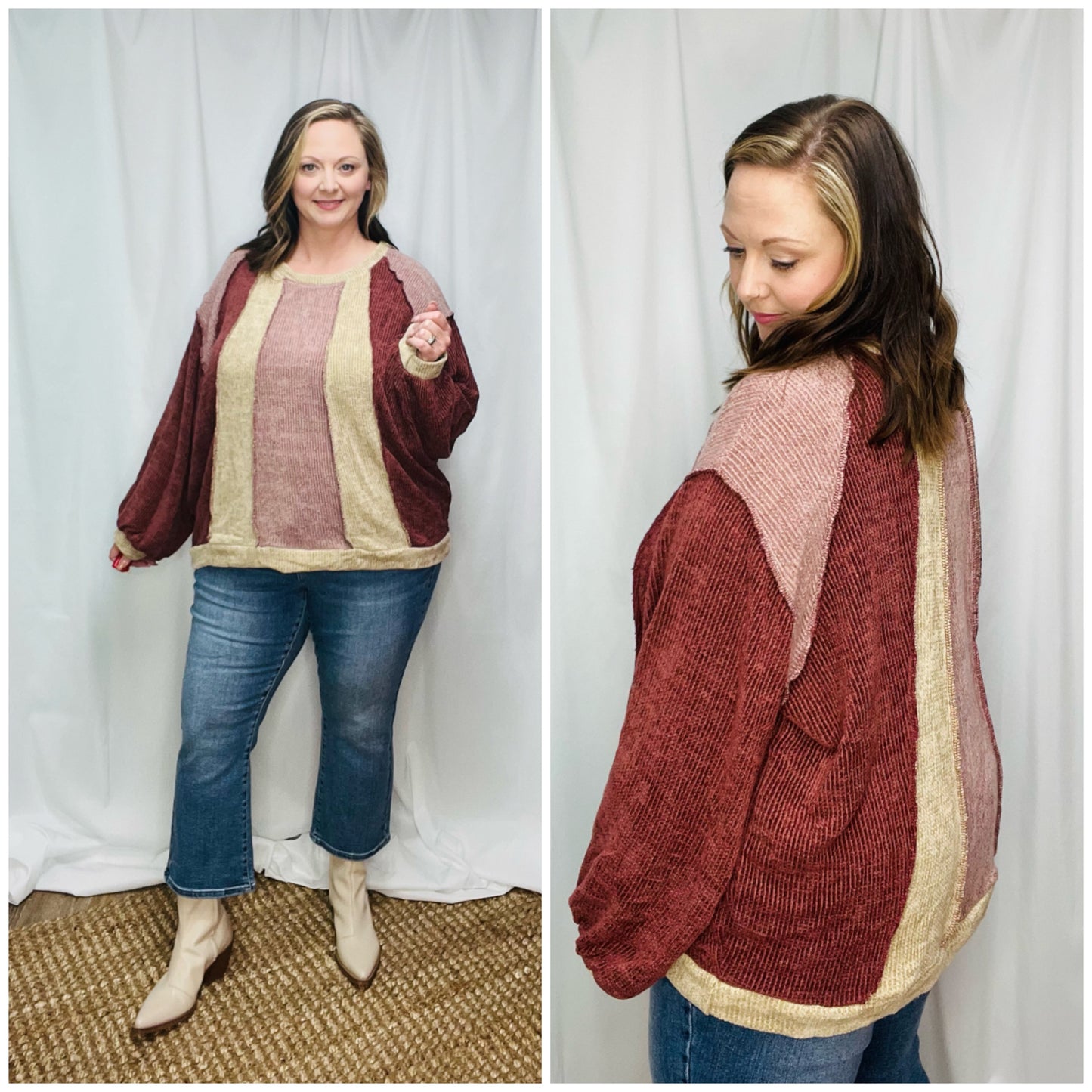 Berry Loveable Soft Rib Knit Color Block Top