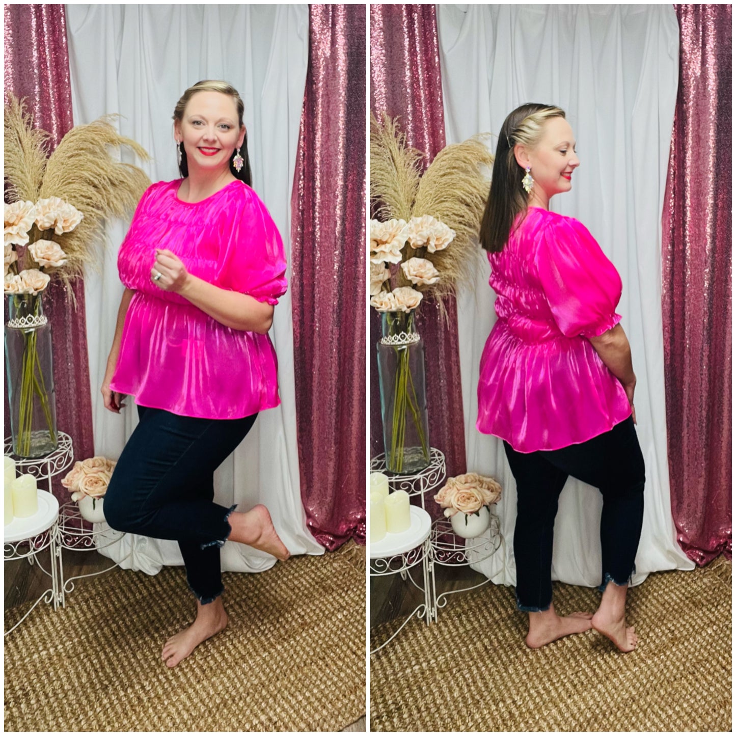 Blow Pop Pink Silk Puff Sleeve Top