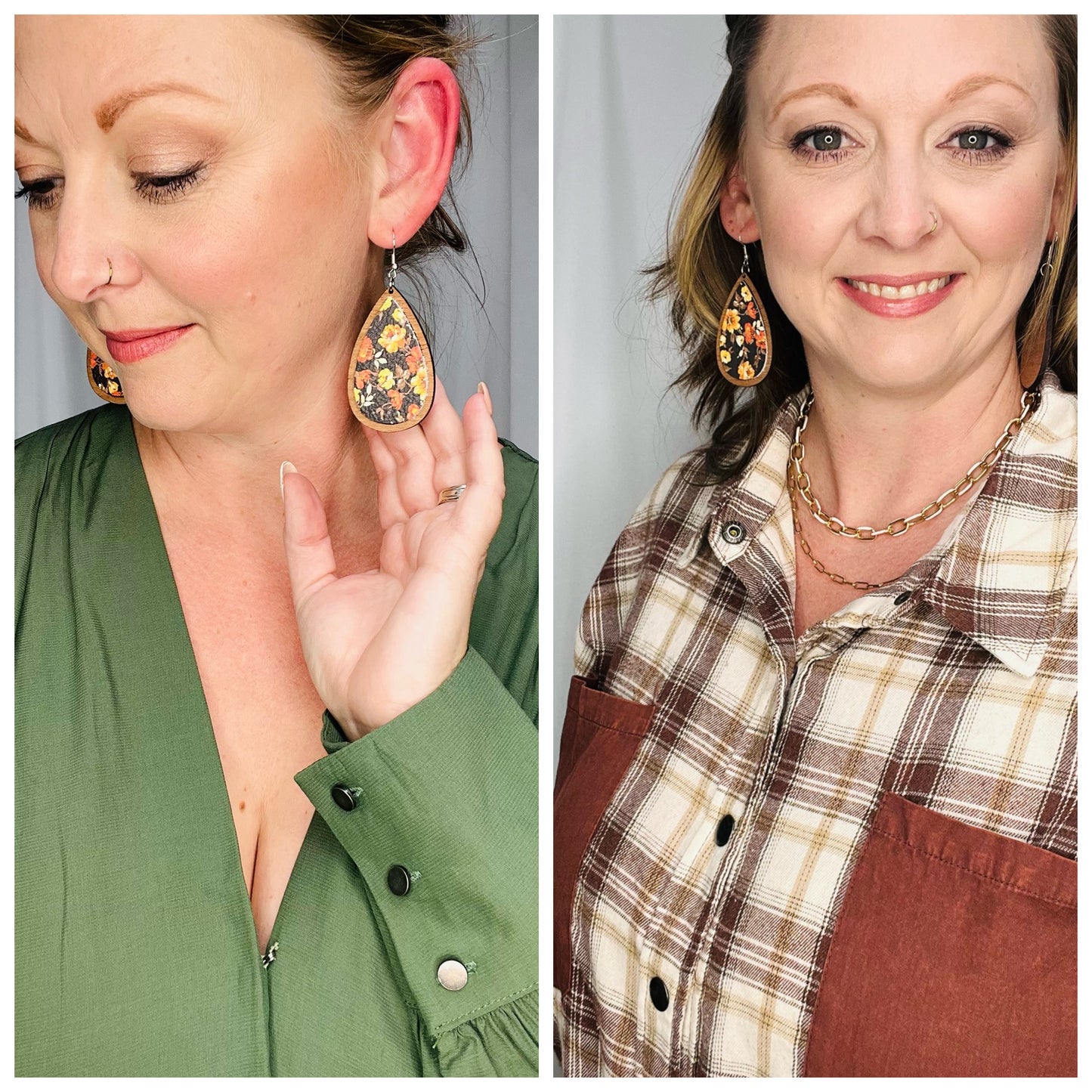 Fall Floral Leather & Wood Earrings